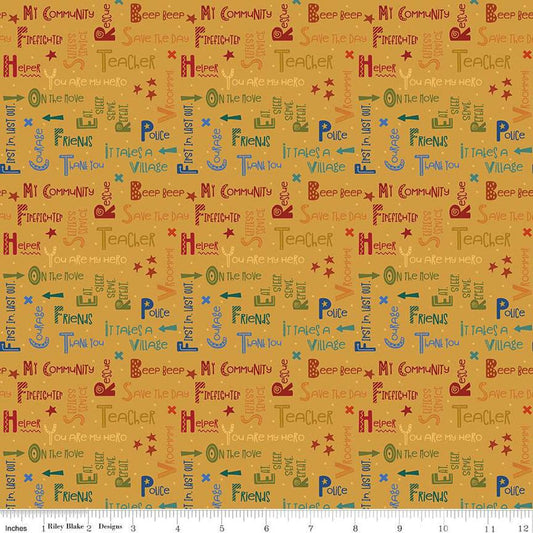 Image of the It Takes a Village Community Text Honey quilting cotton fabric by Jennifer Long for Riley Blake Designs. Features text related to community first responders on a honey yellow background. 
Cute Little Fabric Shop
