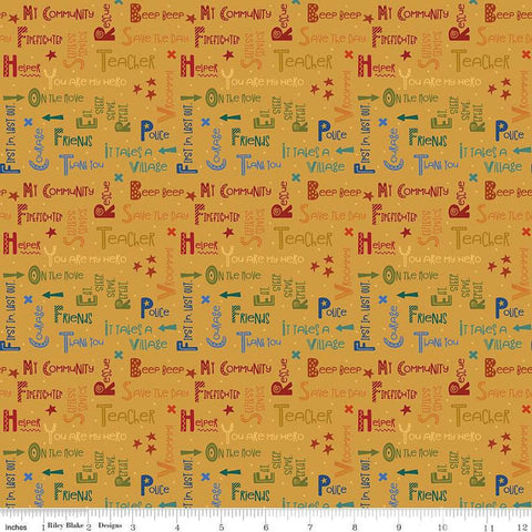 Image of the It Takes a Village Community Text Honey quilting cotton fabric by Jennifer Long for Riley Blake Designs. Features text related to community first responders on a honey yellow background. 
Cute Little Fabric Shop