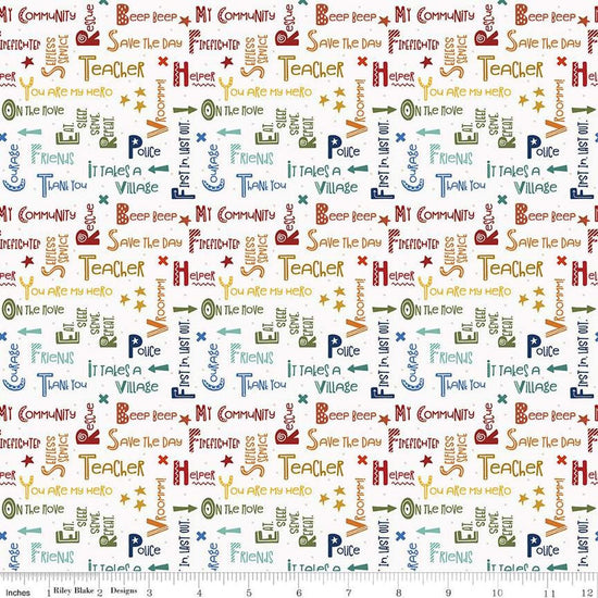 Image of the It Takes a Village Community Text Cloud quilting cotton fabric by Jennifer Long for Riley Blake Designs. Features text related to community first responders on a cloud white background. 
Cute Little Fabric Shop