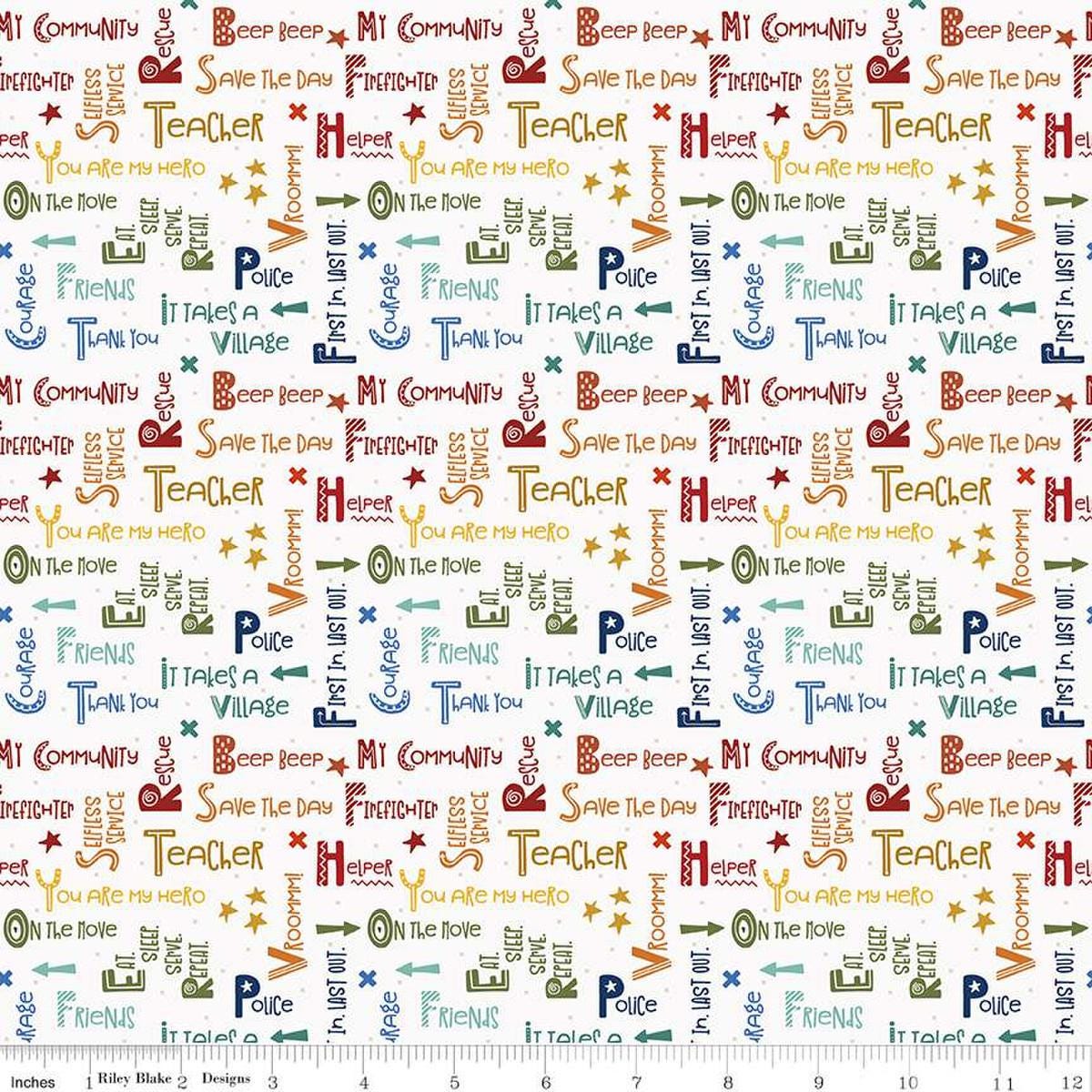 Image of the It Takes a Village Community Text Cloud quilting cotton fabric by Jennifer Long for Riley Blake Designs. Features text related to community first responders on a cloud white background. 
Cute Little Fabric Shop