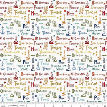 Image of the It Takes a Village Community Text Cloud quilting cotton fabric by Jennifer Long for Riley Blake Designs. Features text related to community first responders on a cloud white background. 
Cute Little Fabric Shop