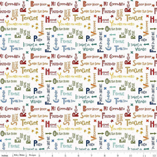 Image of the It Takes a Village Community Text Cloud quilting cotton fabric by Jennifer Long for Riley Blake Designs. Features text related to community first responders on a cloud white background. 
Cute Little Fabric Shop