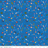 Image of the It Takes a Village Traffic Signs Blue quilting cotton fabric by Jennifer Long for Riley Blake Designs. Features street signs, trees, train tracks, and more on a blue background. 
Cute Little Fabric Shop