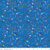Image of the It Takes a Village Traffic Signs Blue quilting cotton fabric by Jennifer Long for Riley Blake Designs. Features street signs, trees, train tracks, and more on a blue background. 
Cute Little Fabric Shop