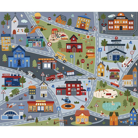 Image of the It Takes a Village Play Mat Panel
 quilting cotton fabric by Jennifer Long for Riley Blake Designs. Features a play mat with village roads and scenery on a grey blue background. 
Cute Little Fabric Shop