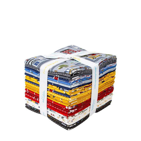 Image of the It Takes a Village Fat Quarter Bundle quilting cotton fabric by Jennifer Long for Riley Blake Designs. Features red, yellow, and blue fabrics with streets, buildings, and cars. 
Cute Little Fabric Shop