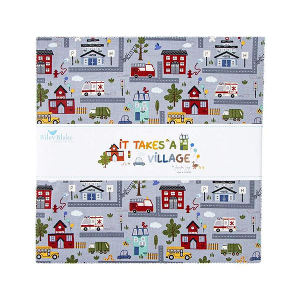 Image of the It Takes a Village 10 inch Stacker quilting cotton fabric by Jennifer Long for Riley Blake Designs. Features red, yellow, and blue fabrics with streets, buildings, and cars. 
Cute Little Fabric Shop