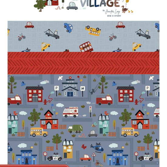 Image of the It Takes a Village Storyboard quilting cotton fabric by Jennifer Long for Riley Blake Designs. Features red, yellow, and blue fabrics with streets, buildings, and cars. 
Cute Little Fabric Shop