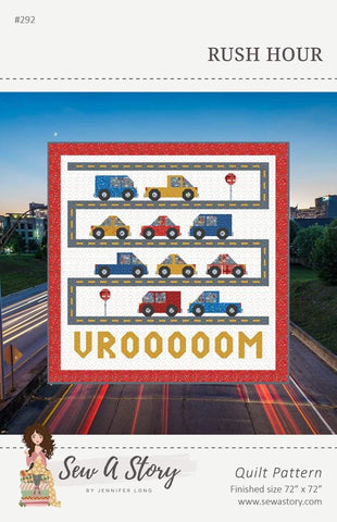 Image of the Rush Hour Quilt Pattern by Jennifer Long for Riley Blake Designs. Features cars, trucks, a road, and &quot;VROOOOOM&quot; on the bottom. 
Cute Little Fabric Shop