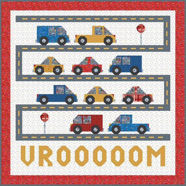 Image of the Rush Hour Quilt Pattern by Jennifer Long for Riley Blake Designs. Features cars, trucks, a road, and &quot;VROOOOOM&quot; on the bottom. 
Cute Little Fabric Shop