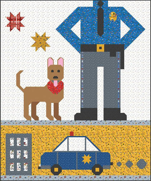 Image of the Be a Police Officer Quilt Pattern by Jennifer Long for Riley Blake Designs. Features a police uniform, dog, badge, and car. 
Cute Little Fabric Shop