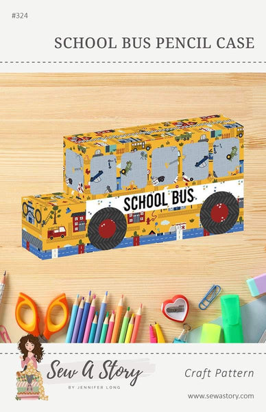 Image of the School Bus Pencil Case Pattern by Jennifer Long for Riley Blake Designs. Features a school bus case with a zippered top. 
Cute Little Fabric Shop