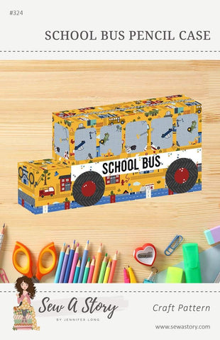 Image of the School Bus Pencil Case Pattern by Jennifer Long for Riley Blake Designs. Features a school bus case with a zippered top. 
Cute Little Fabric Shop