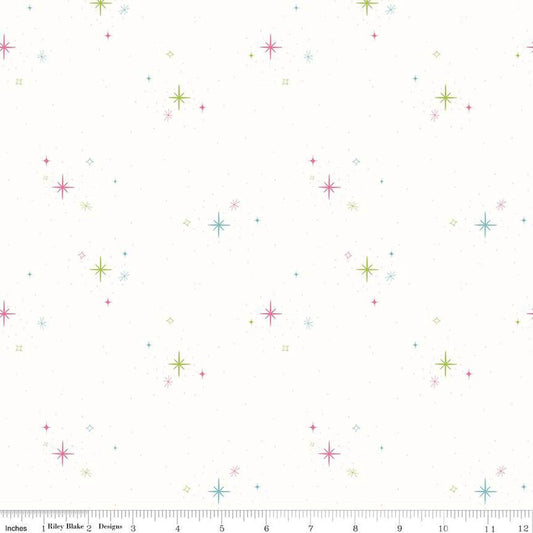 Image of the Hush Hush 4 Sparkles quilting cotton fabric by Riley Blake Designs. Features multicolored scattered stars on a white background. 
Cute Little Fabric Shop