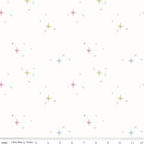 Image of the Hush Hush 4 Sparkles quilting cotton fabric by Riley Blake Designs. Features multicolored scattered stars on a white background. 
Cute Little Fabric Shop