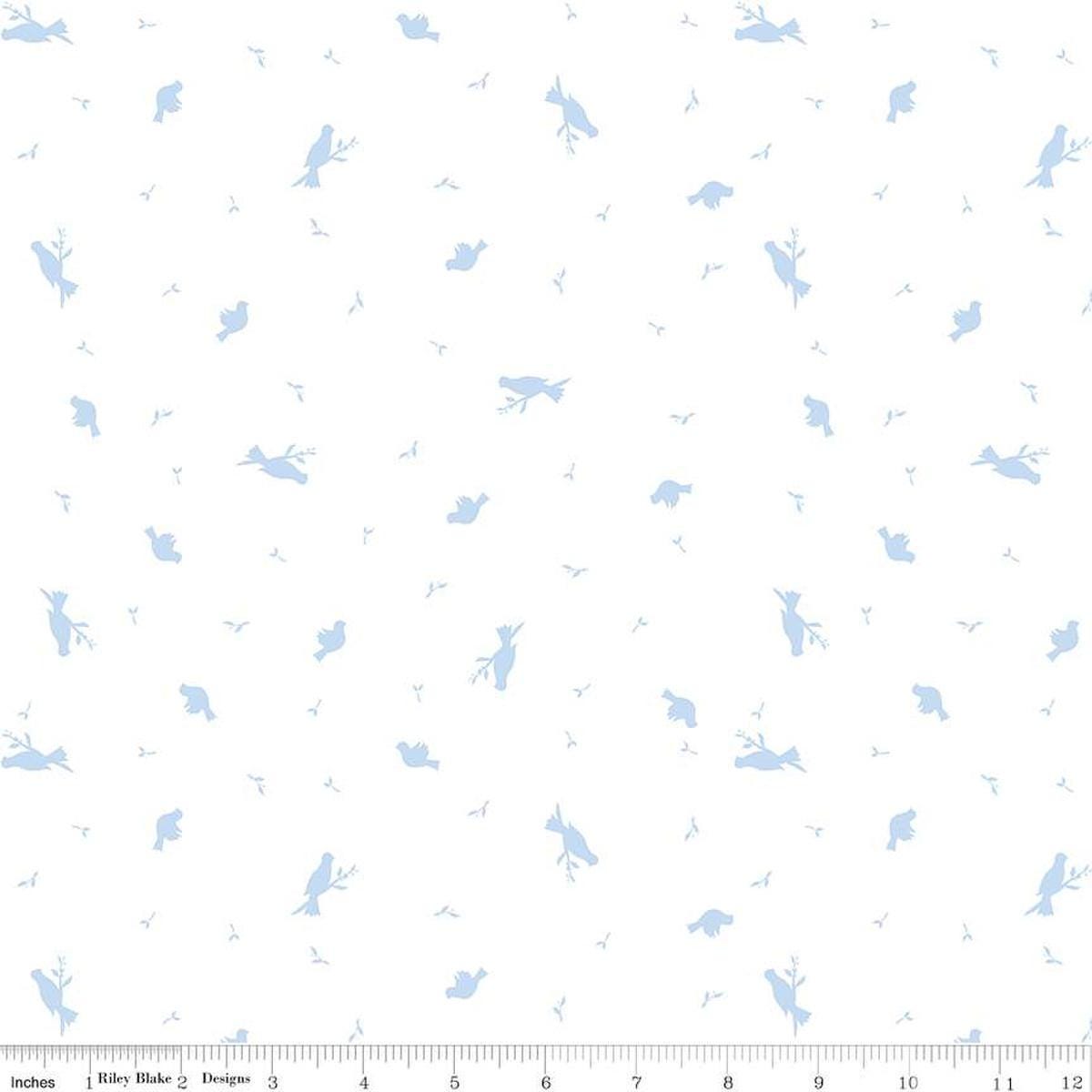 Image of the Hush Hush 4 For the Birds quilting cotton fabric by Riley Blake Designs. Features scattered birds and sprigs of leaves on a white background. 
Cute Little Fabric Shop