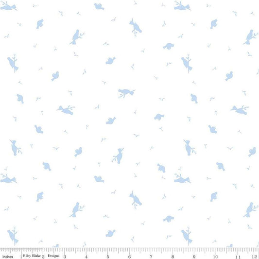 Image of the Hush Hush 4 For the Birds quilting cotton fabric by Riley Blake Designs. Features scattered birds and sprigs of leaves on a white background. 
Cute Little Fabric Shop