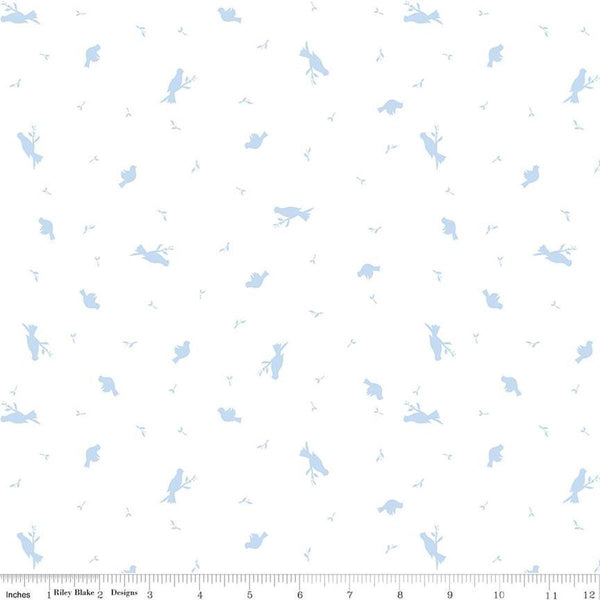 Image of the Hush Hush 4 For the Birds quilting cotton fabric by Riley Blake Designs. Features scattered birds and sprigs of leaves on a white background. 
Cute Little Fabric Shop