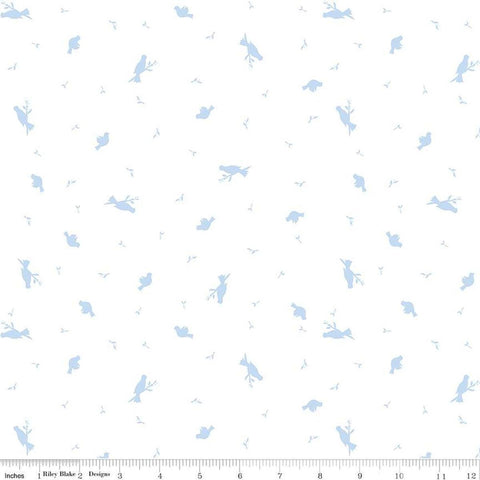 Image of the Hush Hush 4 For the Birds quilting cotton fabric by Riley Blake Designs. Features scattered birds and sprigs of leaves on a white background. 
Cute Little Fabric Shop