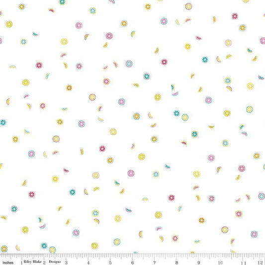 Image of the Hush Hush 4 Zest Appeal quilting cotton fabric by Riley Blake Designs. Features scattered citrus fruit wedges and slices on a white background. 
Cute Little Fabric Shop