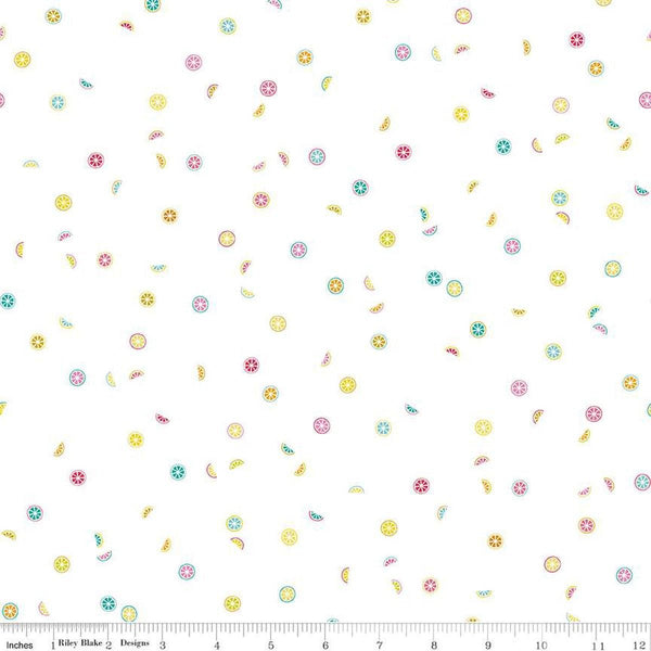 Image of the Hush Hush 4 Zest Appeal quilting cotton fabric by Riley Blake Designs. Features scattered citrus fruit wedges and slices on a white background. 
Cute Little Fabric Shop