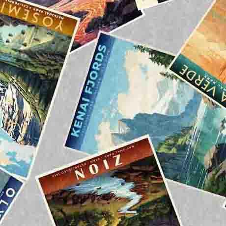 Image of the On the Road Again National Park Postcards Gray quilting cotton fabric by Moda Fabrics. Features pictures of national parks on a gray background.
Cute Little Fabric Shop