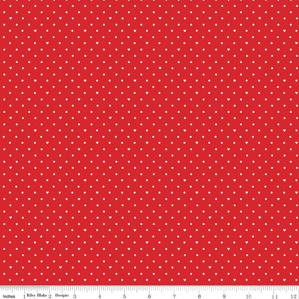 Image of the Sweetheart Dots Red quilting cotton fabric by My Minds Eye for Riley Blake Designs. Features small hearts and dots on a red background.
Cute Little Fabric Shop