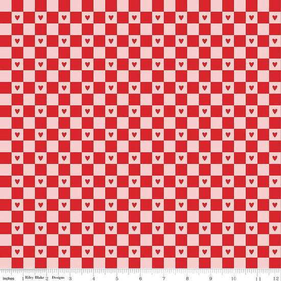 Image of the Sweetheart Checks Red quilting cotton fabric by My Minds Eye for Riley Blake Designs. Features heart checkerboard patterns on a red background.
Cute Little Fabric Shop