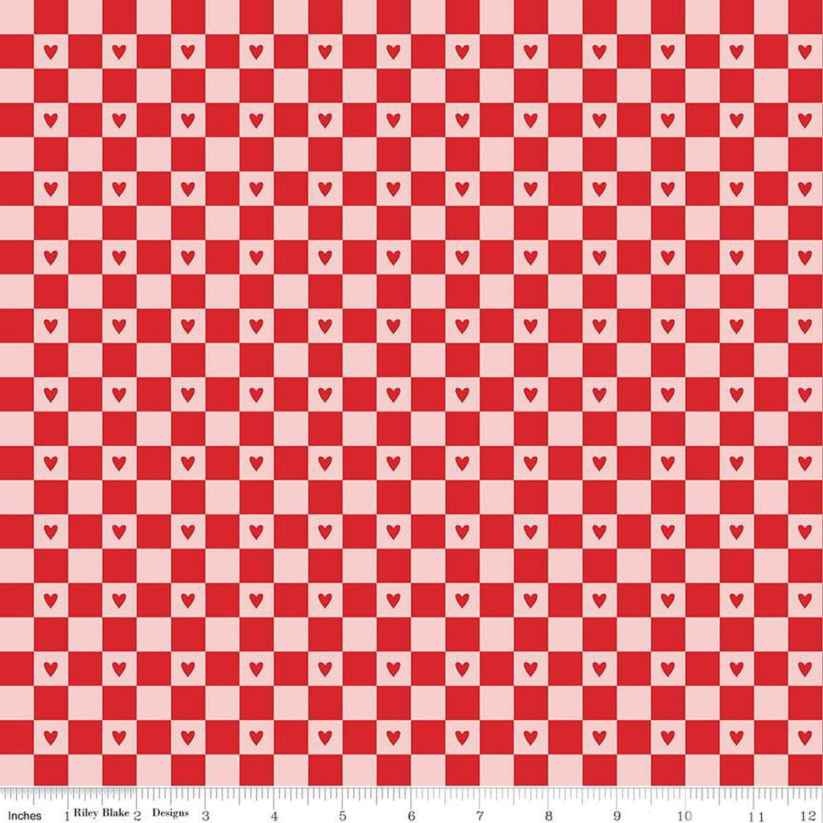 Image of the Sweetheart Checks Red quilting cotton fabric by My Minds Eye for Riley Blake Designs. Features heart checkerboard patterns on a red background.
Cute Little Fabric Shop