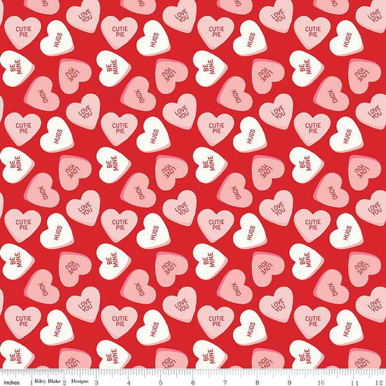 Image of the Sweetheart Main Red quilting cotton fabric by My Mind's Eye for Riley Blake Designs. Features conversation hearts on a red background.
Cute Little Fabric Shop