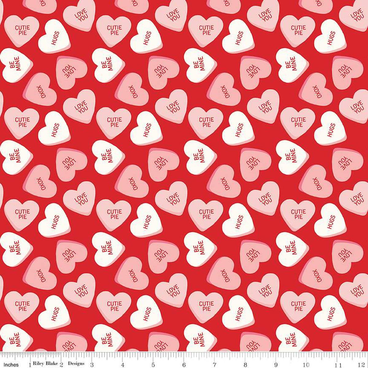 Image of the Sweetheart Main Red quilting cotton fabric by My Mind's Eye for Riley Blake Designs. Features conversation hearts on a red background.
Cute Little Fabric Shop