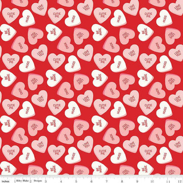 Image of the Sweetheart Main Red quilting cotton fabric by My Mind's Eye for Riley Blake Designs. Features conversation hearts on a red background.
Cute Little Fabric Shop