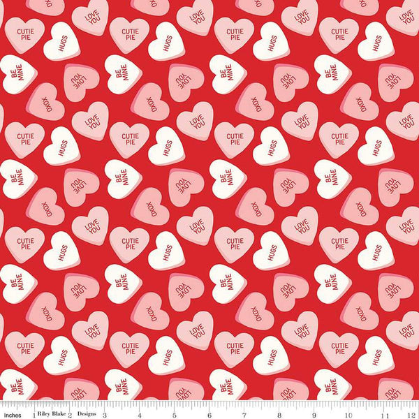 Image of the Sweetheart Main Red quilting cotton fabric by My Mind&#39;s Eye for Riley Blake Designs. Features conversation hearts on a red background.
Cute Little Fabric Shop