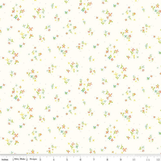 Image of the Hush Hush 4 In Full Bloom quilting cotton fabric by Riley Blake Designs. Features scattered blossoms on a white background. 
Cute Little Fabric Shop