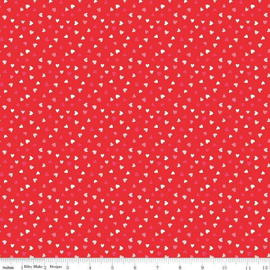 Image of the Sweetheart Heart Toss Red quilting cotton fabric by My Minds Eye for Riley Blake Designs. Features small scattered hearts on a red background.
Cute Little Fabric Shop