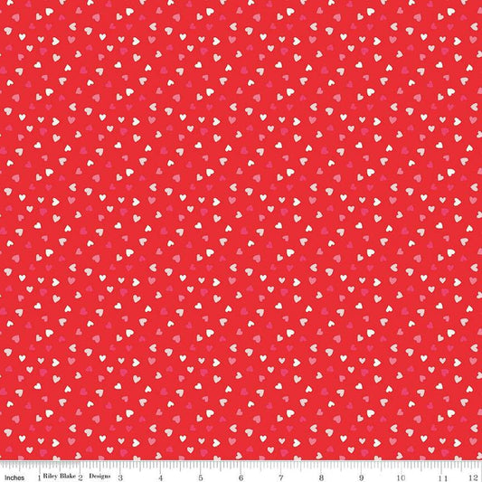 Image of the Sweetheart Heart Toss Red quilting cotton fabric by My Minds Eye for Riley Blake Designs. Features small scattered hearts on a red background.
Cute Little Fabric Shop