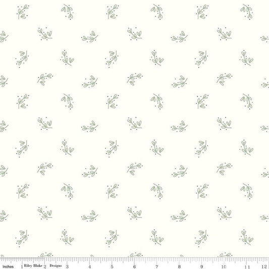 Image of the Hush Hush 4 Branch Out quilting cotton fabric by Riley Blake Designs. Features sprigs of leaves on a white background. 
Cute Little Fabric Shop