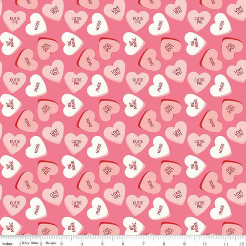 Image of the Sweetheart Main Hot Pink quilting cotton fabric by My Minds Eye for Riley Blake Designs. Features conversation hearts on a pink background.
Cute Little Fabric Shop