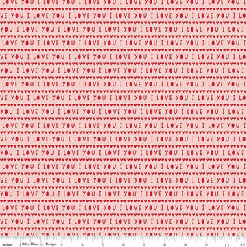 Image of the Sweetheart I Love You Pink quilting cotton fabric by My Minds Eye for Riley Blake Designs. Features striped I Love You words on a light pink background.
Cute Little Fabric Shop