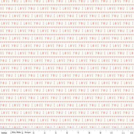 Image of the Sweetheart I Love You Cream quilting cotton fabric by My Minds Eye for Riley Blake Designs. Features striped I Love You words on a cream background.
Cute Little Fabric Shop
