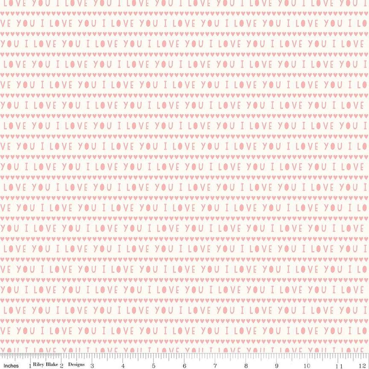 Image of the Sweetheart I Love You Cream quilting cotton fabric by My Minds Eye for Riley Blake Designs. Features striped I Love You words on a cream background.
Cute Little Fabric Shop