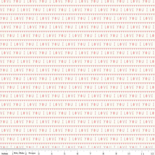 Image of the Sweetheart I Love You Cream quilting cotton fabric by My Minds Eye for Riley Blake Designs. Features striped I Love You words on a cream background.
Cute Little Fabric Shop