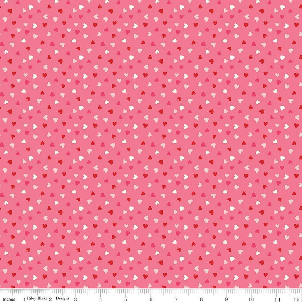 Image of the Sweetheart Heart Toss Hot Pink Sparkle quilting cotton fabric by My Minds Eye for Riley Blake Designs. Features small scattered hearts on a hot pink background.
Cute Little Fabric Shop
