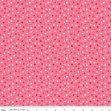 Image of the Sweetheart Heart Toss Hot Pink Sparkle quilting cotton fabric by My Minds Eye for Riley Blake Designs. Features small scattered hearts on a hot pink background.
Cute Little Fabric Shop