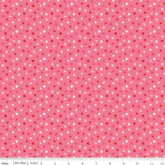 Image of the Sweetheart Heart Toss Hot Pink Sparkle quilting cotton fabric by My Minds Eye for Riley Blake Designs. Features small scattered hearts on a hot pink background.
Cute Little Fabric Shop