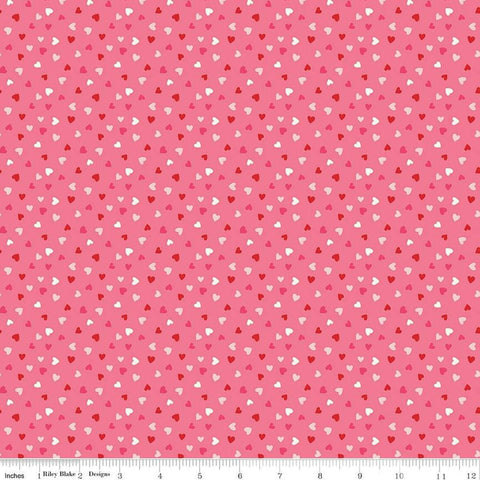 Image of the Sweetheart Heart Toss Hot Pink Sparkle quilting cotton fabric by My Minds Eye for Riley Blake Designs. Features small scattered hearts on a hot pink background.
Cute Little Fabric Shop