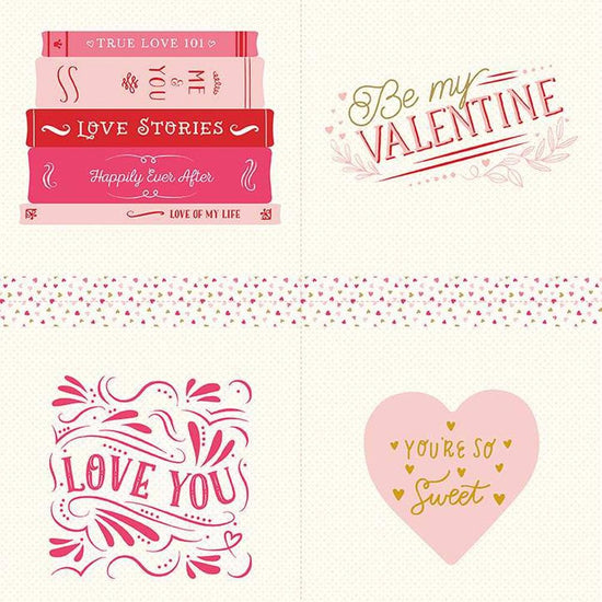 Image of the Sweetheart Love Stories Pillow Panel Sparkle quilting cotton fabric by My Minds Eye for Riley Blake Designs. Features four Valentine-themed squares on a cream background. 
Cute Little Fabric Shop