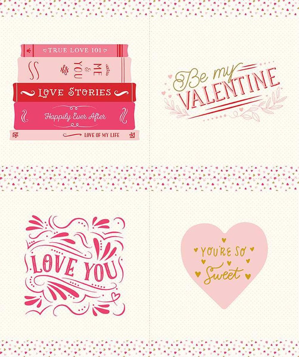 Image of the Sweetheart Love Stories Pillow Panel Sparkle quilting cotton fabric by My Minds Eye for Riley Blake Designs. Features four Valentine-themed squares on a cream background. 
Cute Little Fabric Shop