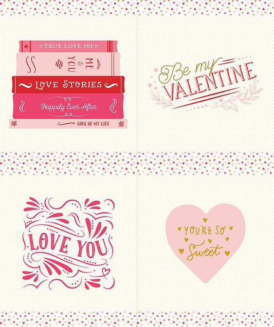 Image of the Sweetheart Love Stories Pillow Panel Sparkle quilting cotton fabric by My Minds Eye for Riley Blake Designs. Features four Valentine-themed squares on a cream background. 
Cute Little Fabric Shop