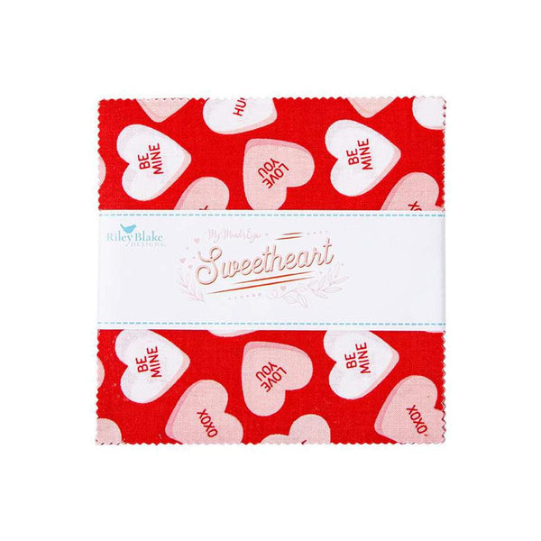 Image of the Sweetheart 5 inch stacker by My Minds Eye for Riley Blake Designs. Features valentines day fabrics with red, pink, and cream backgrounds. 
Cute Little Fabric Shop